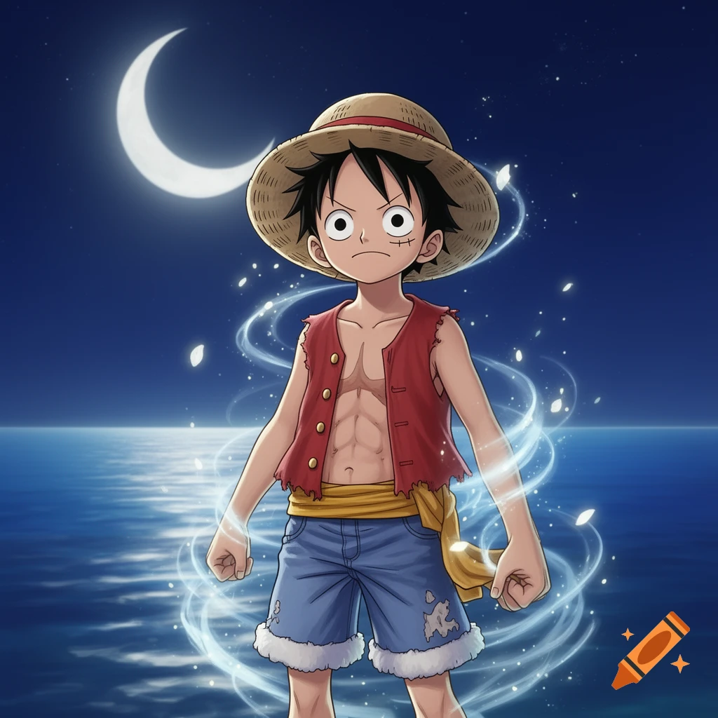 Luffy from One Piece in a straw hat, red vest, and blue shorts stands on water under a crescent moon with swirling energy.