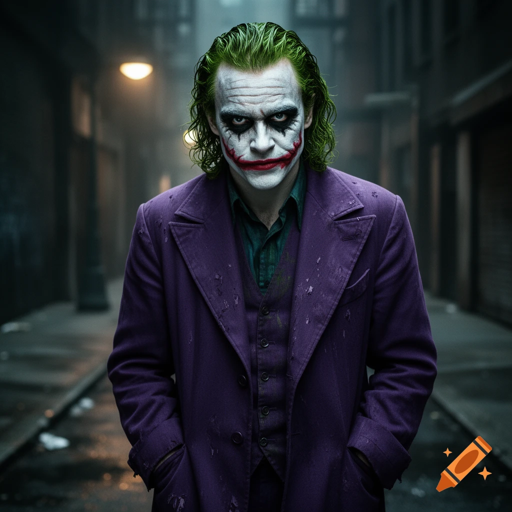 Photorealistic portrait of the Heath Ledger Joker with green hair, white face paint, and a purple coat, standing in a dark, misty alley.