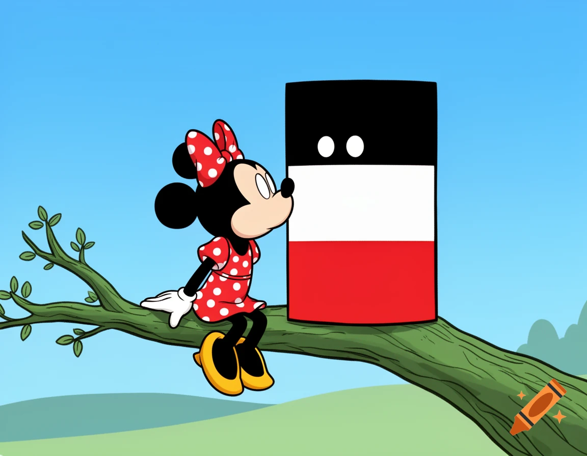 Minnie Mouse in a red polka dot dress sits on a tree branch, leaning in to kiss the rectangular Reichtangle character in a 2D cartoon style.