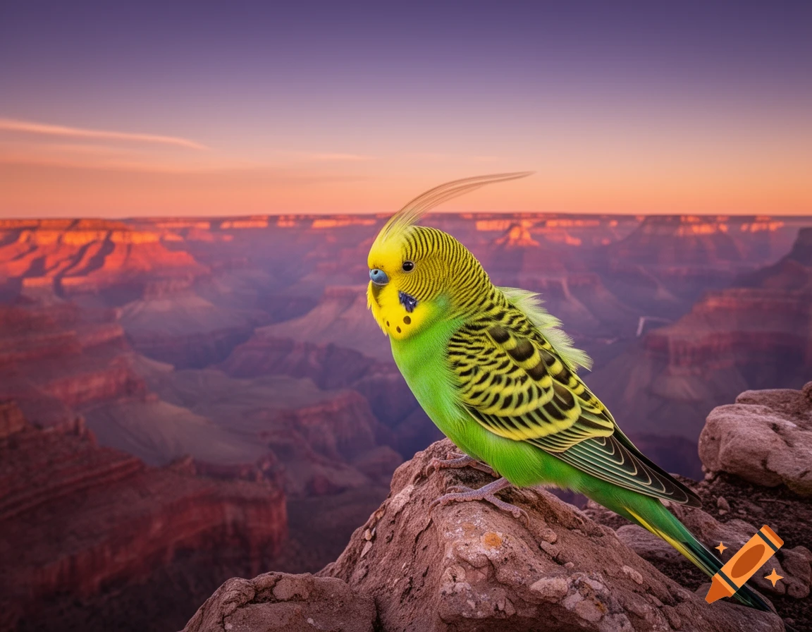 A photorealistic green and yellow budgerigar perched on a rock overlooking the Grand Canyon at sunset.