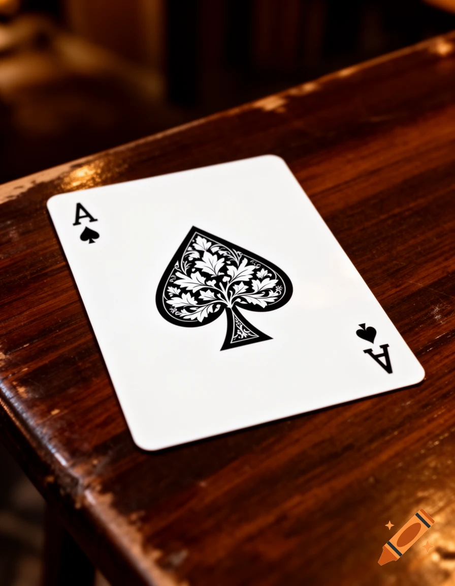 An ace of spades playing card with an ornate spade design lies on a dark, rustic wooden table.