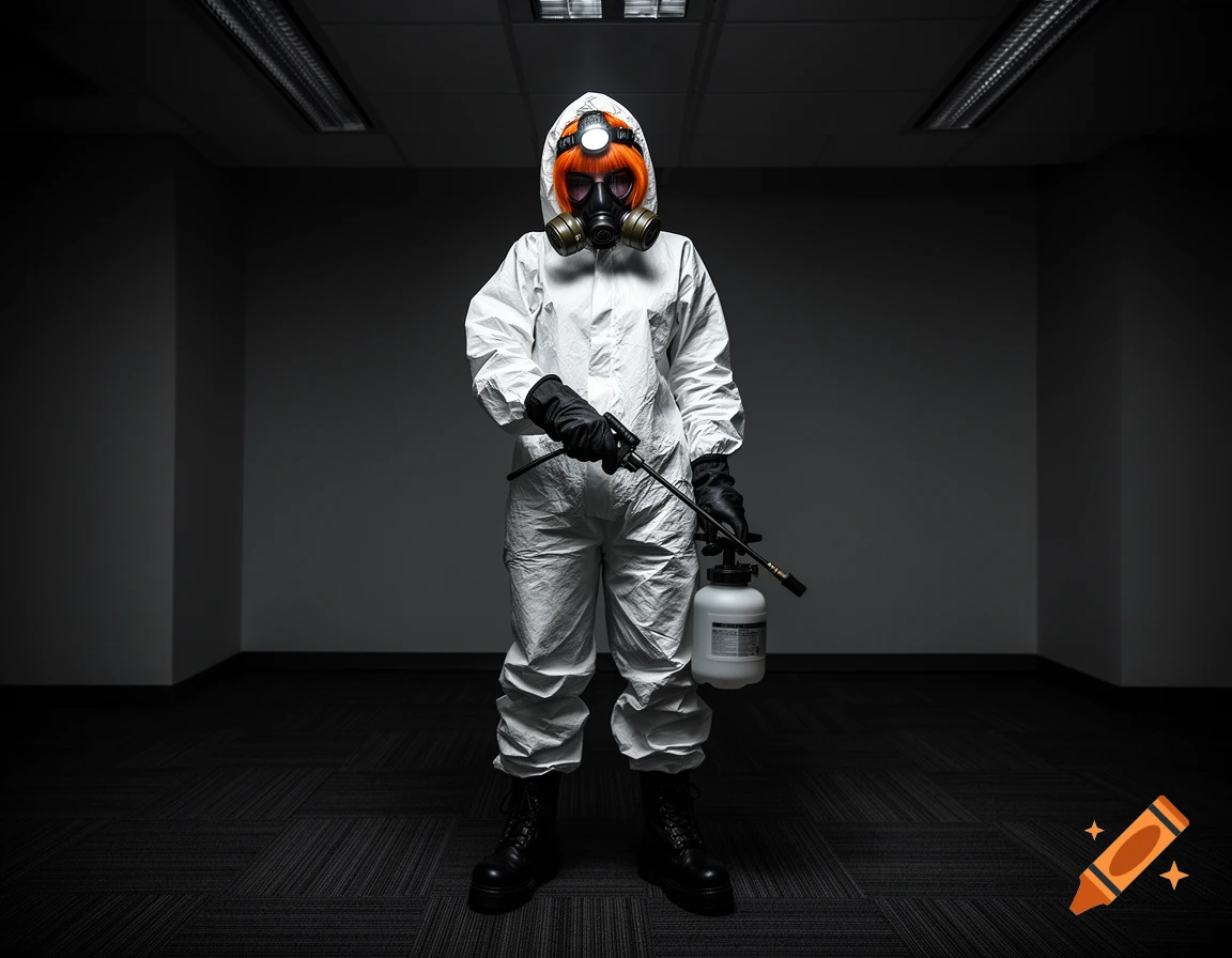 A person in a white hazmat suit, gas mask, and headlamp holds a pump sprayer in a dark office. Photorealistic.