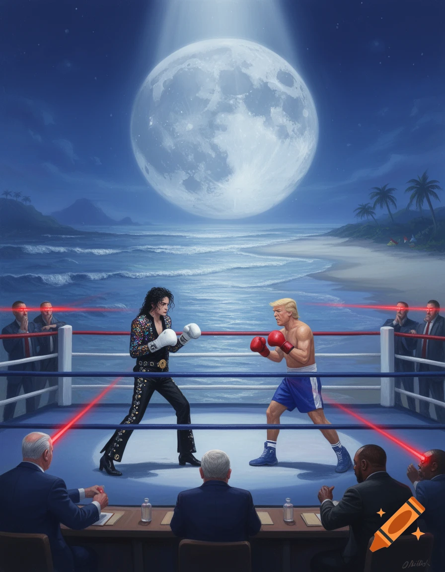 An illustration of Michael Jackson and Donald Trump boxing in a ring on a moonlit beach, with a giant moon overhead and spectators with laser eyes.