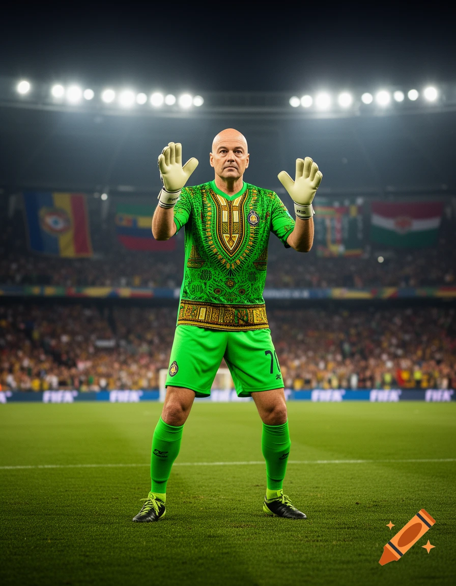 A bald man in a green dashiki-patterned goalkeeper jersey and shorts with number 71, wearing gloves, stands on a soccer field at night under stadium lights.