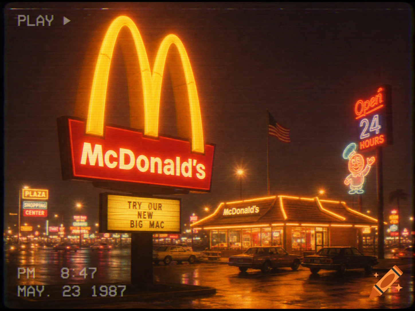 A retro 1980s VHS-style image of a McDonald's restaurant and large sign illuminated at night on a wet street with parked cars.