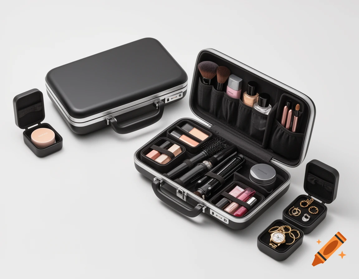 An open black beauty case revealing modular compartments filled with makeup, brushes, and hair tools. A closed case and small jewelry modules sit nearby.