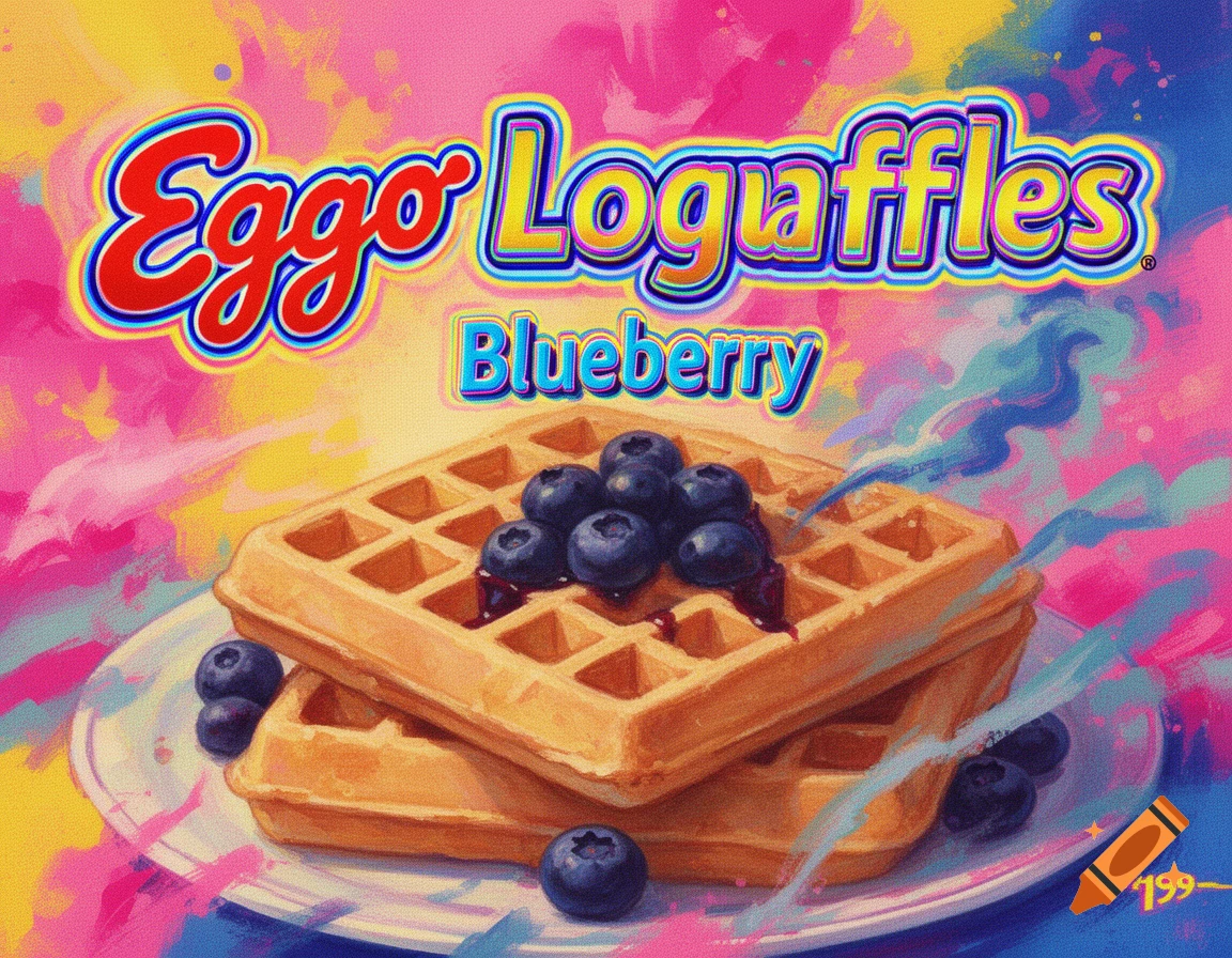 A vibrant, abstract art style image of two stacked golden waffles topped with blueberries and syrup, labeled 'Eggo Logwaffles Blueberry' against a colorful background.