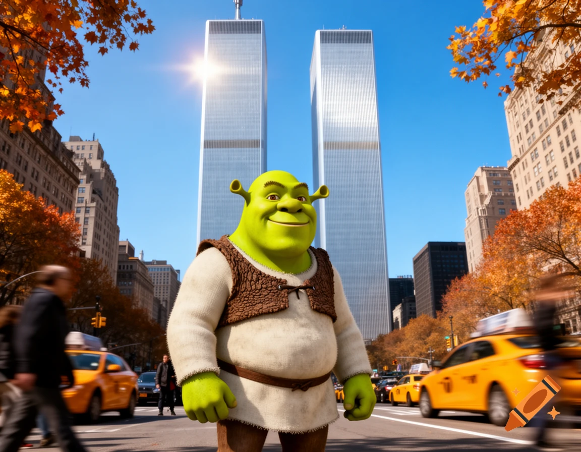 Shrek smiles in a photorealistic autumn city street scene, with the Twin Towers, yellow taxis, and blurred pedestrians in the background.