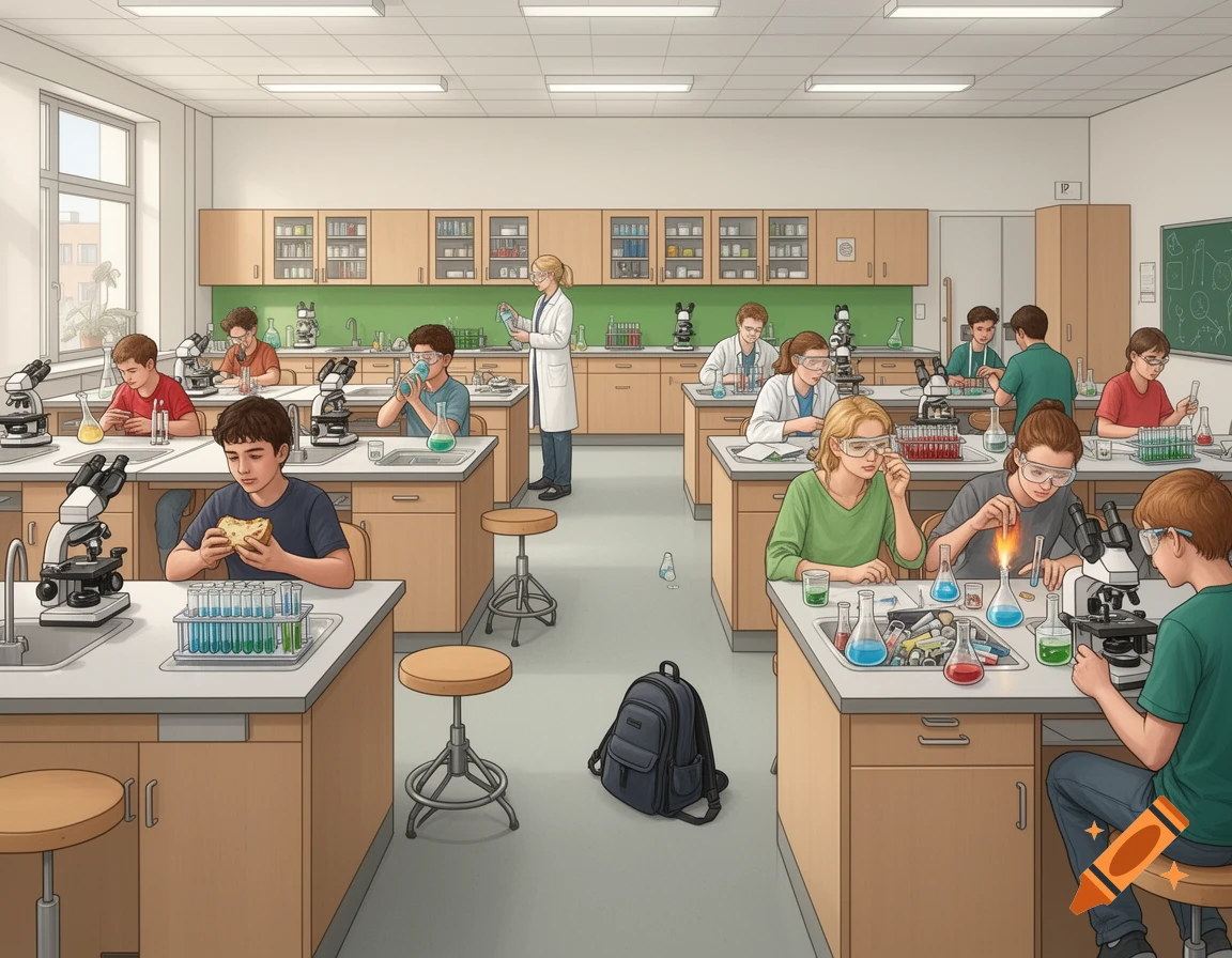 Detailed illustration of a bustling science classroom with students doing experiments and a teacher supervising, featuring various safety hazards.