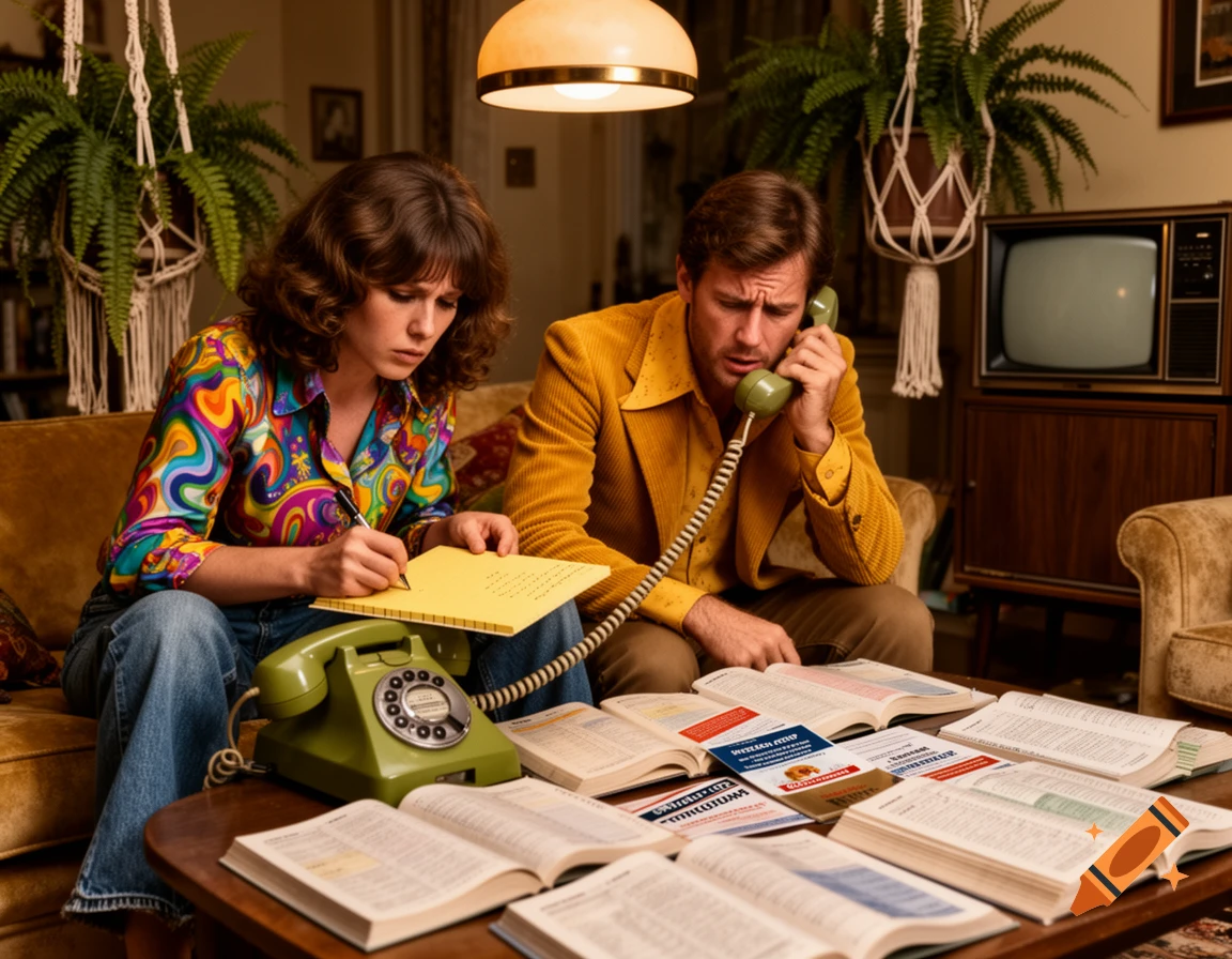 A 1970s couple in a living room, the woman writes on a notepad while the man talks on an olive-green rotary phone, surrounded by open books on a coffee table.