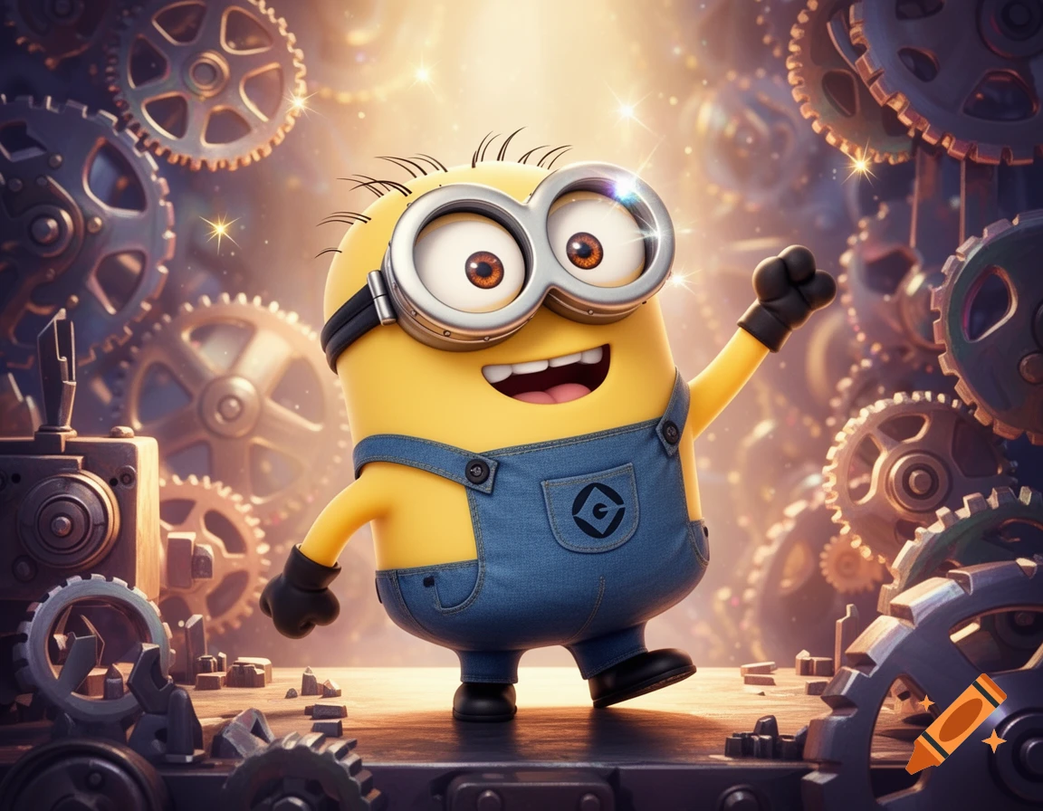 A happy Minion character in blue overalls stands amidst a background of glowing gears and mechanical parts.