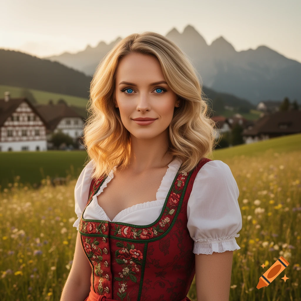 A photorealistic portrait of a blonde woman in a red dirndl in a wildflower meadow with mountains and houses in the background.