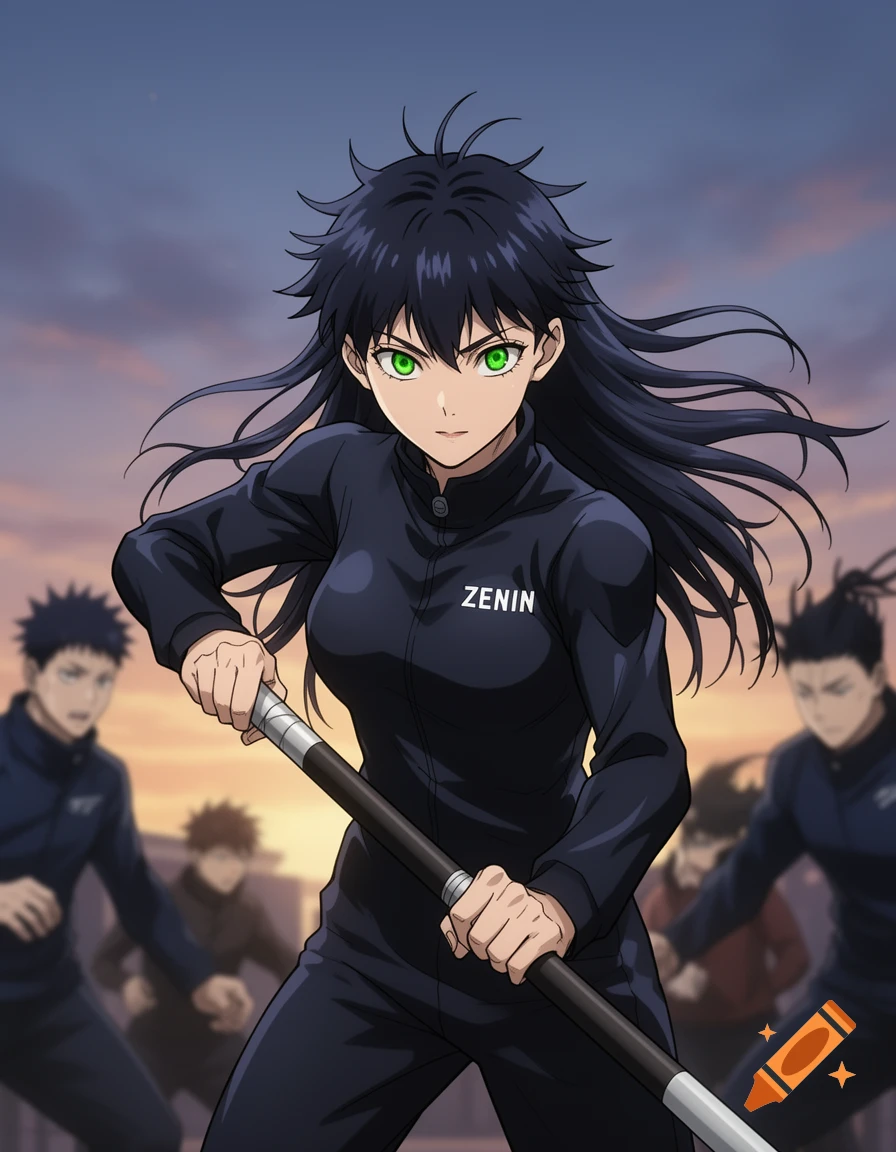 Maki Zenin, an anime character with dark hair and green eyes, holds a staff while wearing a black tracksuit, with blurred figures behind.