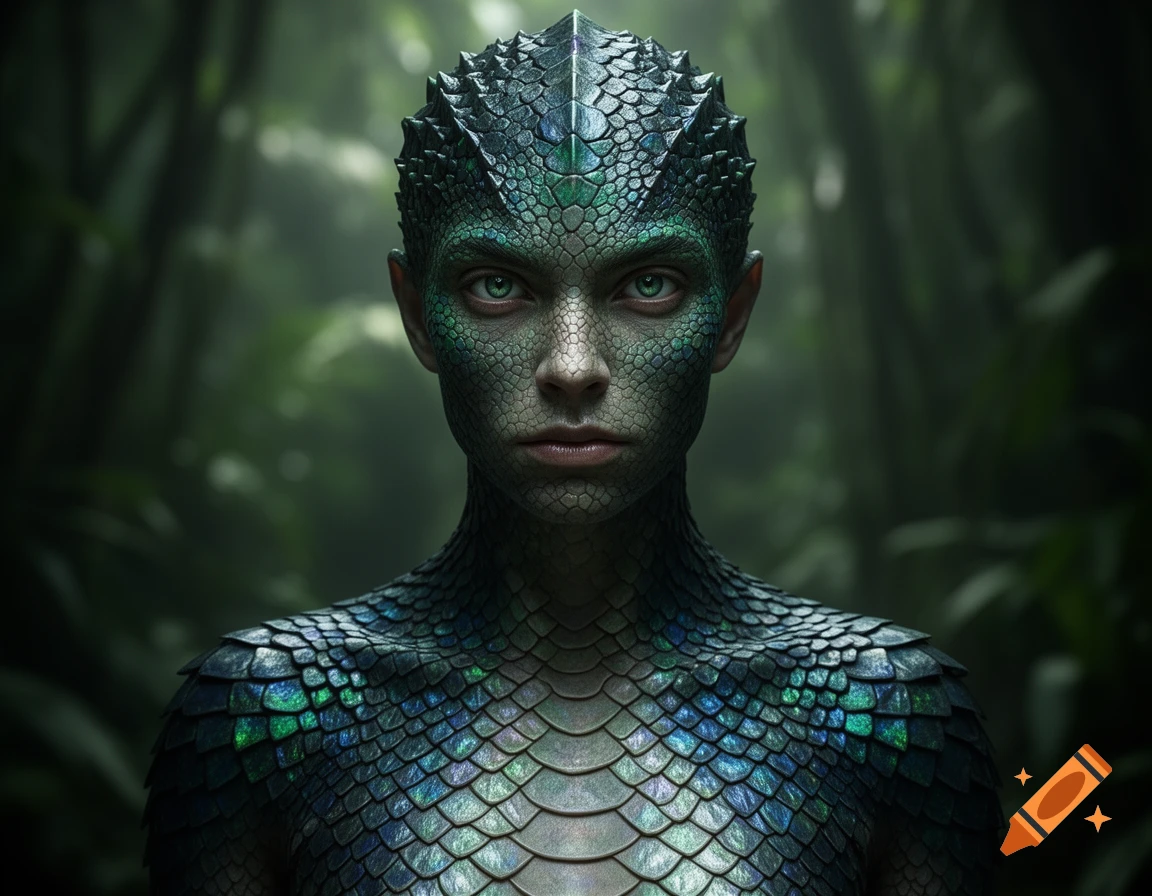 Close-up of a human-like figure with green and blue scales on skin and head, set against a dark, blurred jungle background.