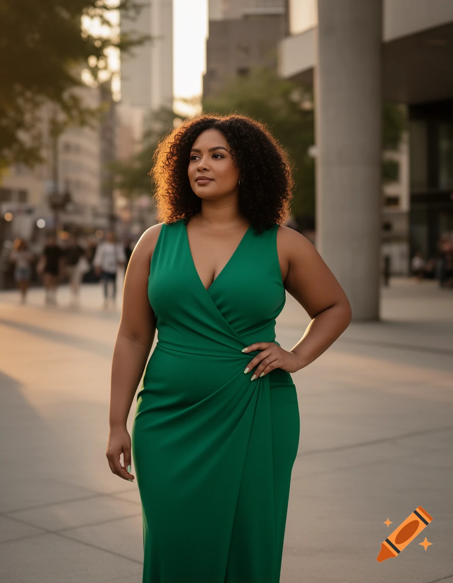 A photorealistic image of a plus-size woman with dark curly hair in a green dress, standing on a city street at golden hour.