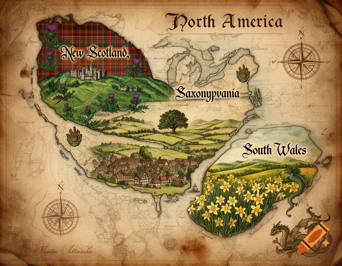 An antique-style map of North America, divided into fictional colonies: New Scotland, Saxonyvania, and South Wales, each depicted with stylized landscapes.