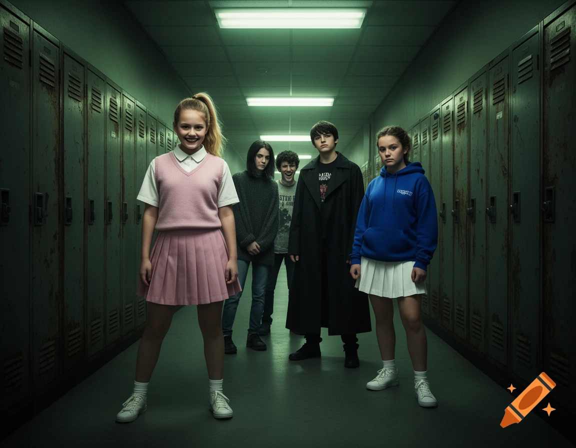 Five teenagers, dressed in varying styles, stand in a dark, rusted high school hallway with flickering lights.