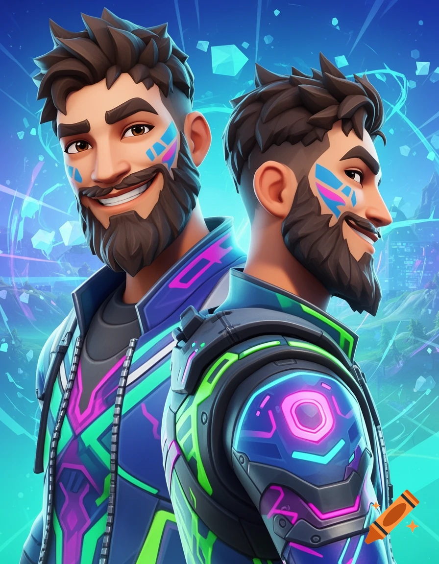 Two Fortnite-style male characters with beards and glowing blue, green, and pink outfits against a blue geometric background.