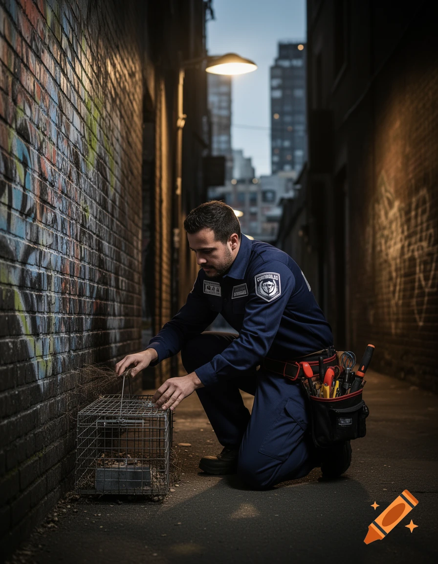 A pest control worker in a blue uniform crouches in a gritty brick alley, setting a live animal trap. He wears a tool belt.