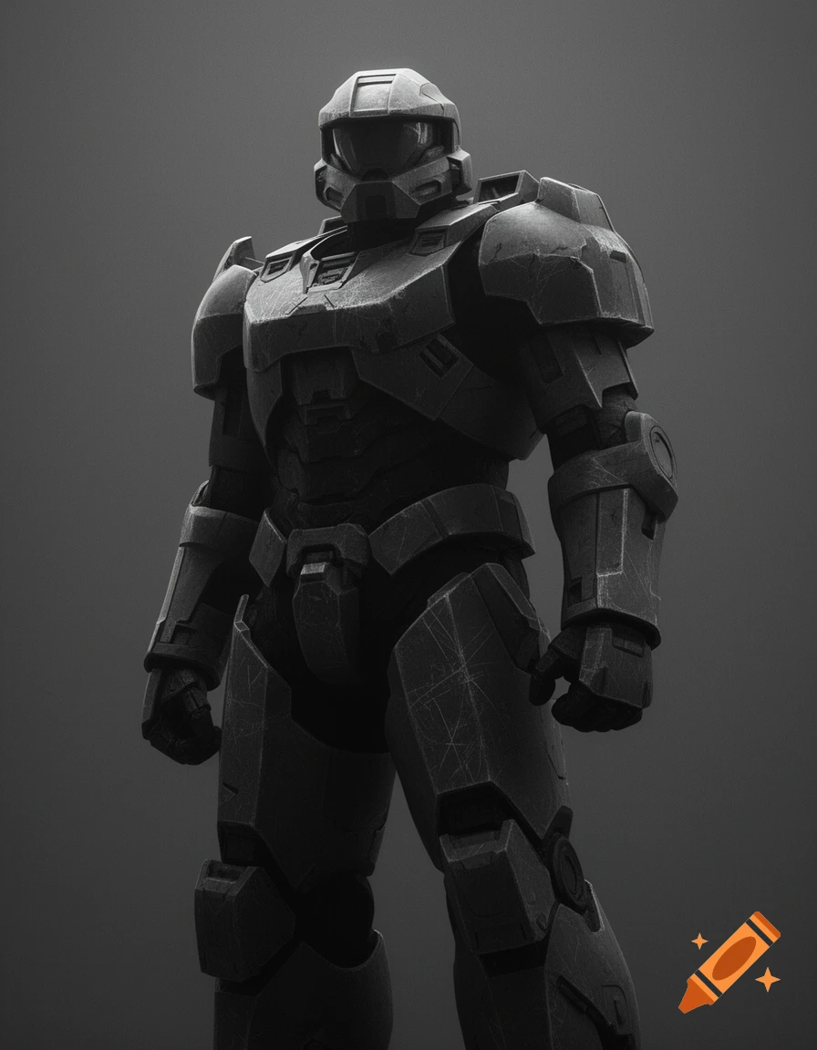 A bulky, grimdark sci-fi power armor, detailed with scratches, stands in a monochromatic setting.