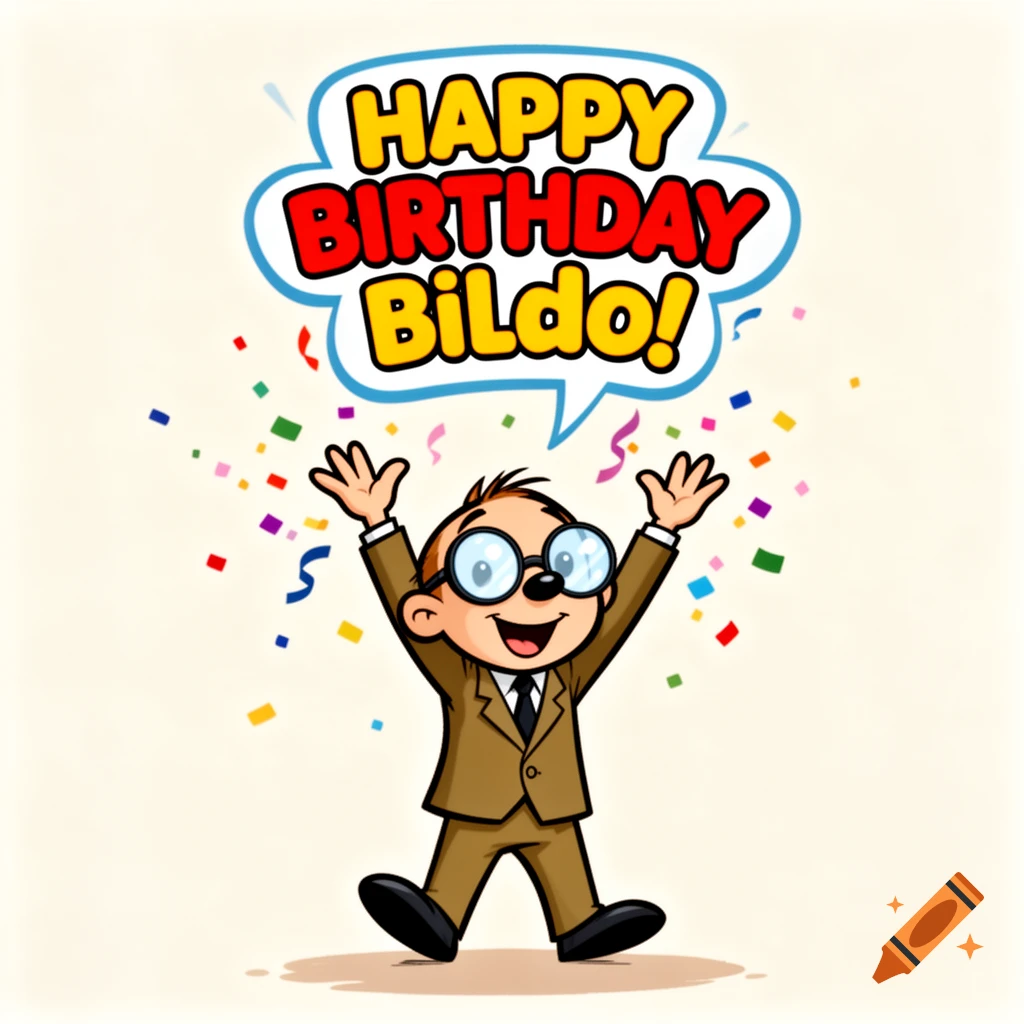 A happy cartoon man with glasses and a brown suit raises his arms under a speech bubble that reads "HAPPY BIRTHDAY BilDo!" with colorful confetti falling around him.