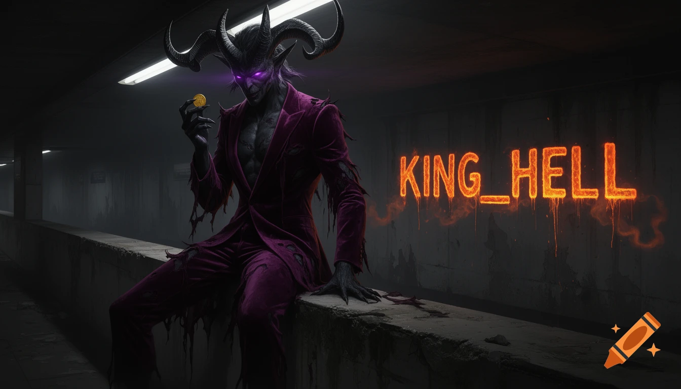A dark fantasy painting of a devil-man in a tattered purple suit with horns and glowing eyes, sitting in a dark subway, holding a coin. 'KING_HELL' glows on wall.
