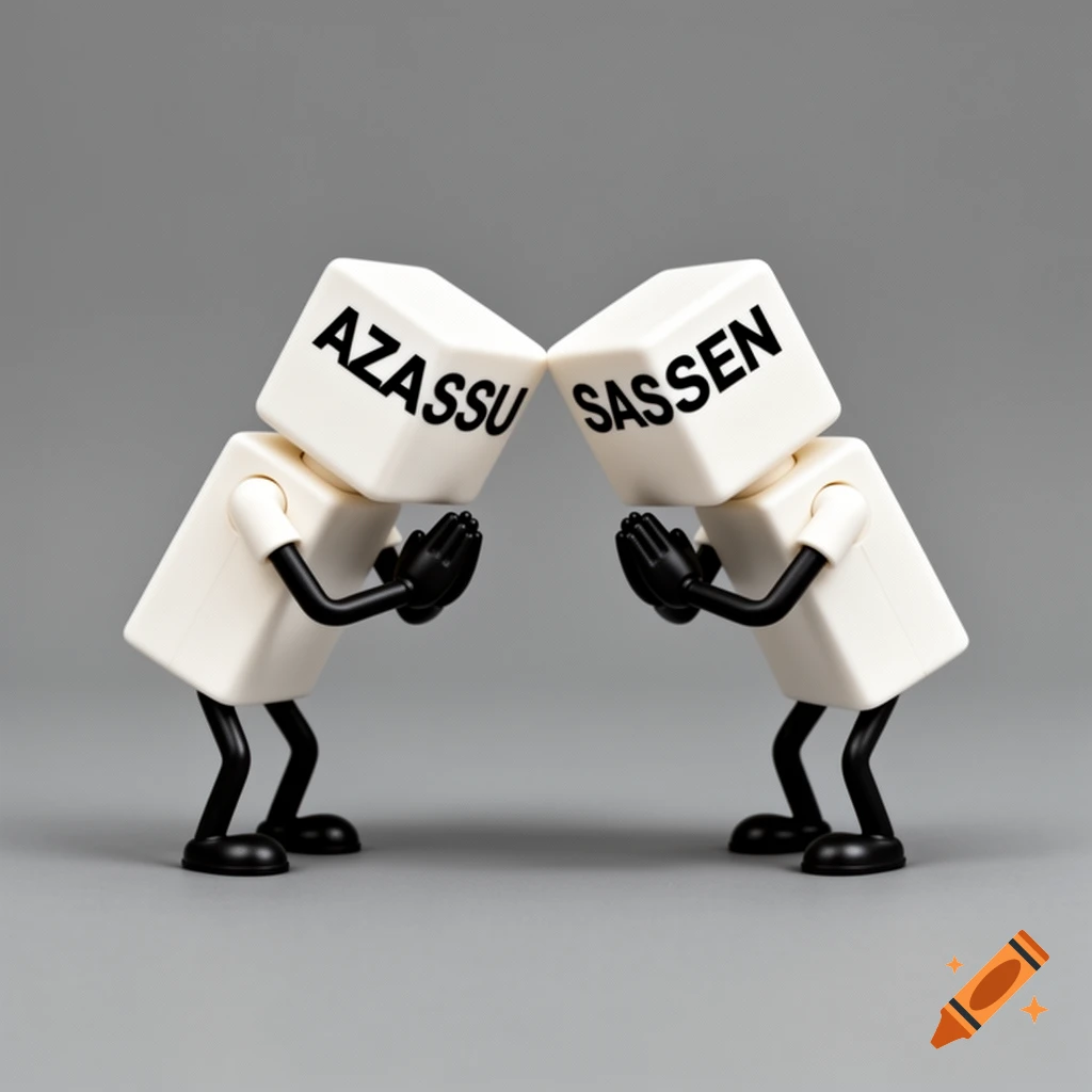 Two minimalist white brick-shaped toy figures, one with "AZASSU" and the other "SASSEN" on their heads, bow in prayer pose on a grey background.