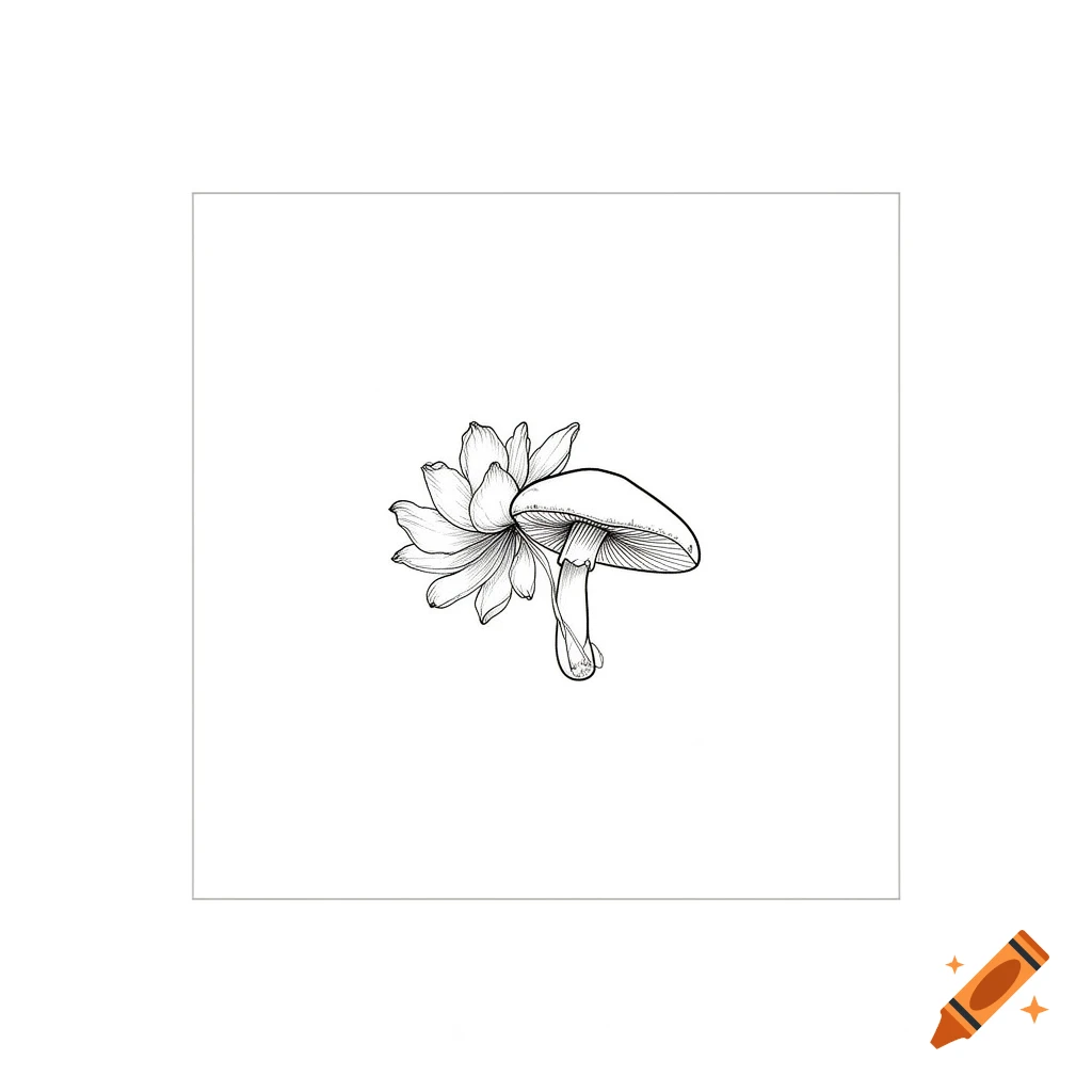 Minimalist black and white line drawing of a mushroom next to a multi-petaled flower on a white background.