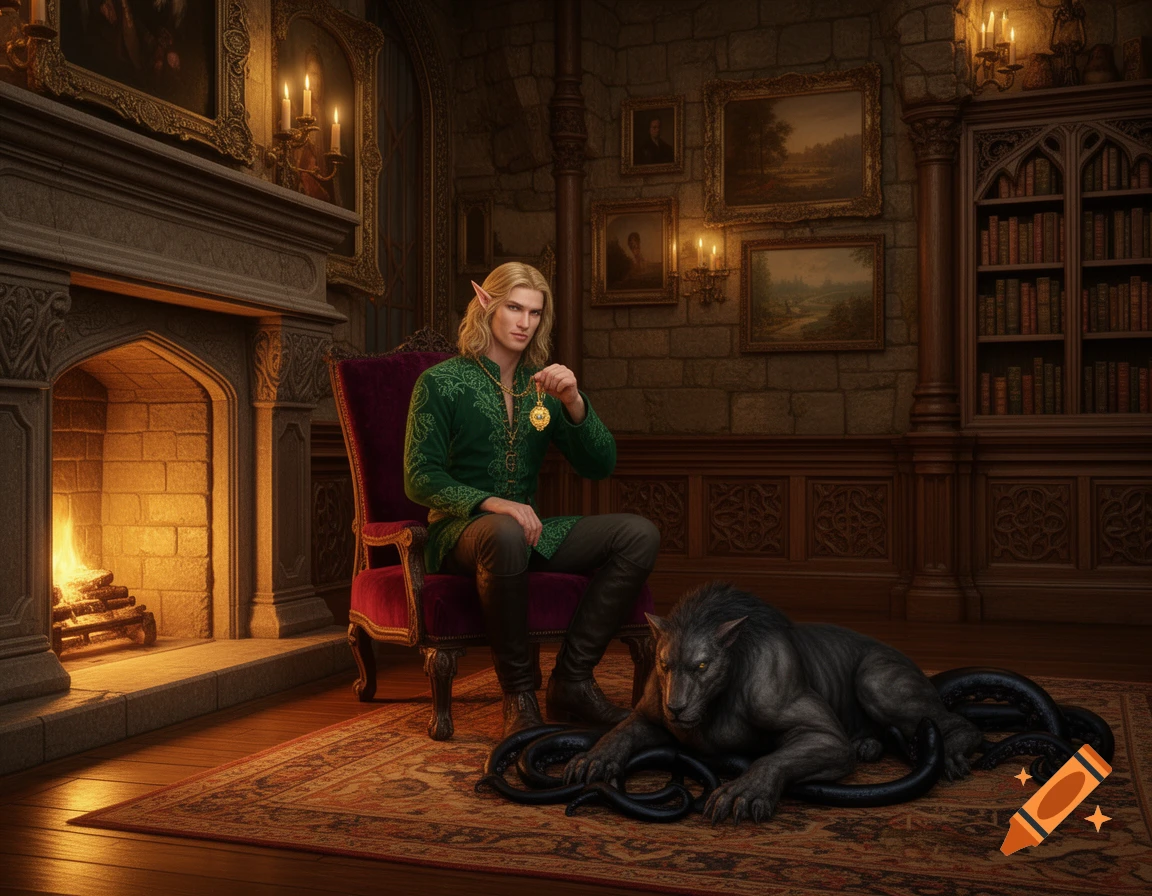 A blonde elf man sits in a velvet chair by a fireplace, holding a golden pendant. A displacer beast with tentacles lies beside him in a richly decorated medieval fantasy room.