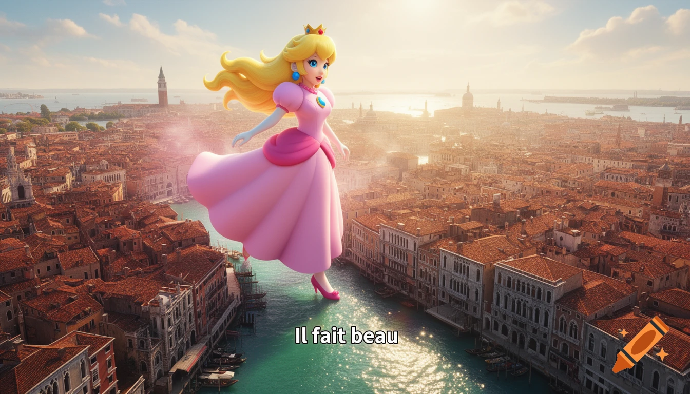 Giant Princess Peach floats gracefully over the historic city of Venice, a shining canal below, in a 3D animated style.