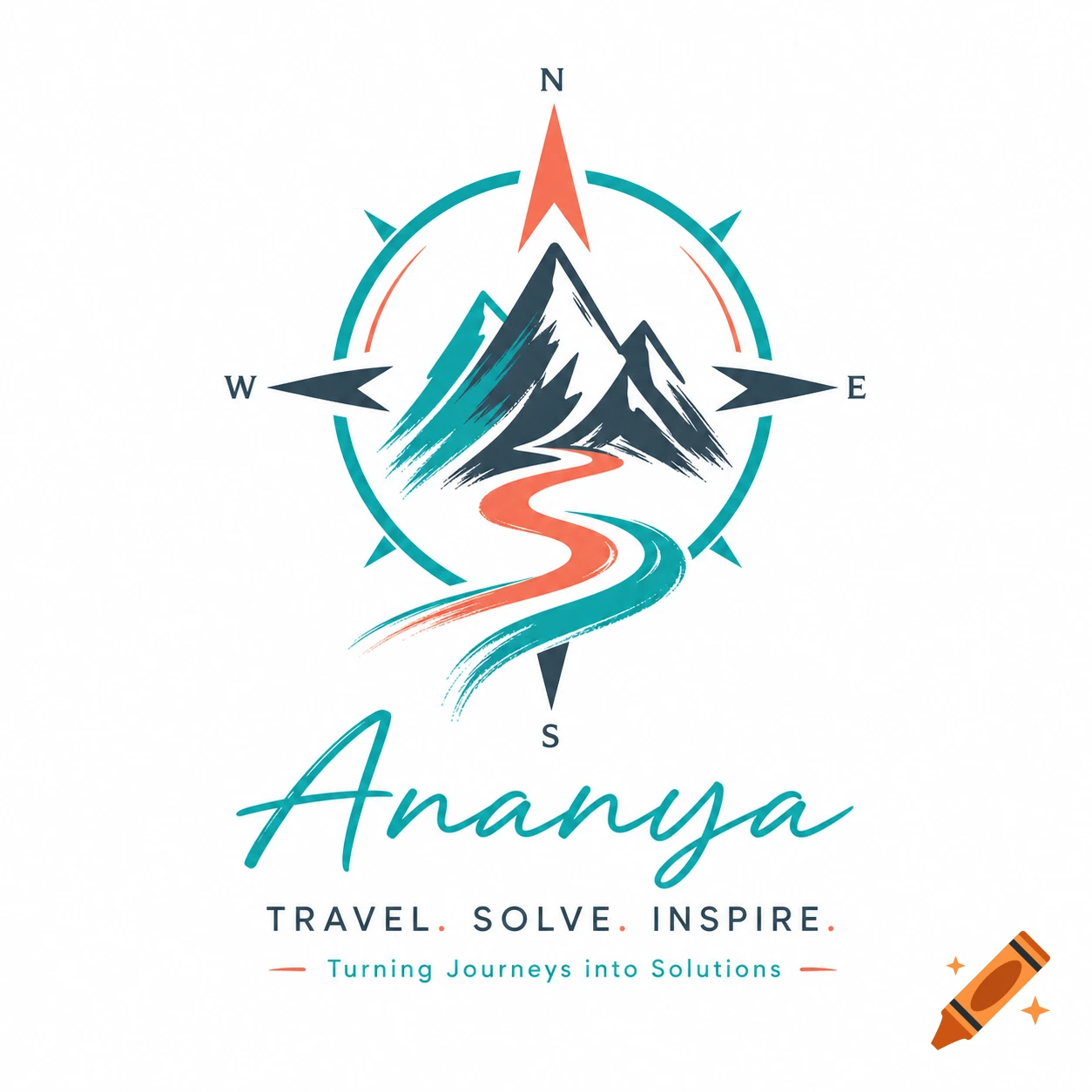 Modern logo featuring a compass with mountains and a winding path. Text 'Ananya', 'TRAVEL. SOLVE. INSPIRE.', 'Turning Journeys into Solutions'.