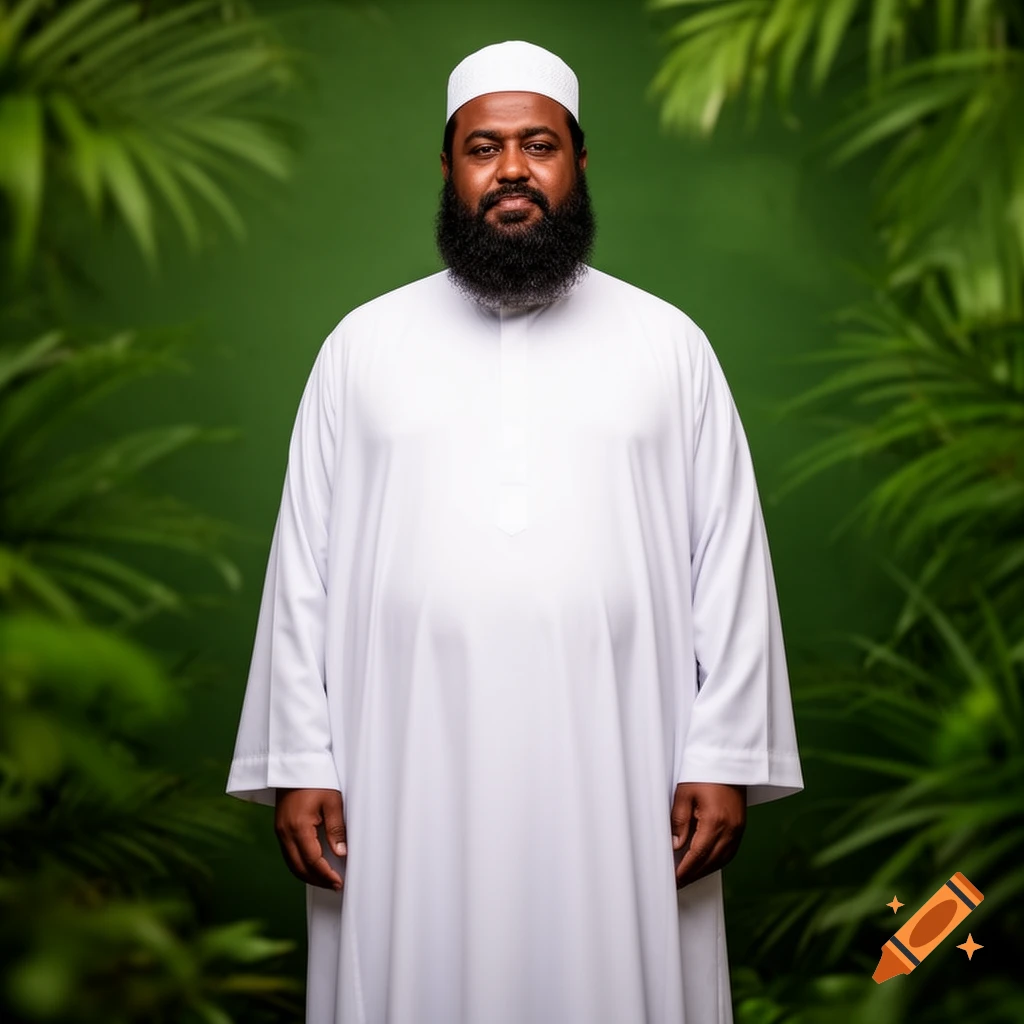 A brown-skinned bearded man wearing white robes and a white cap stands in front of a lush green background.