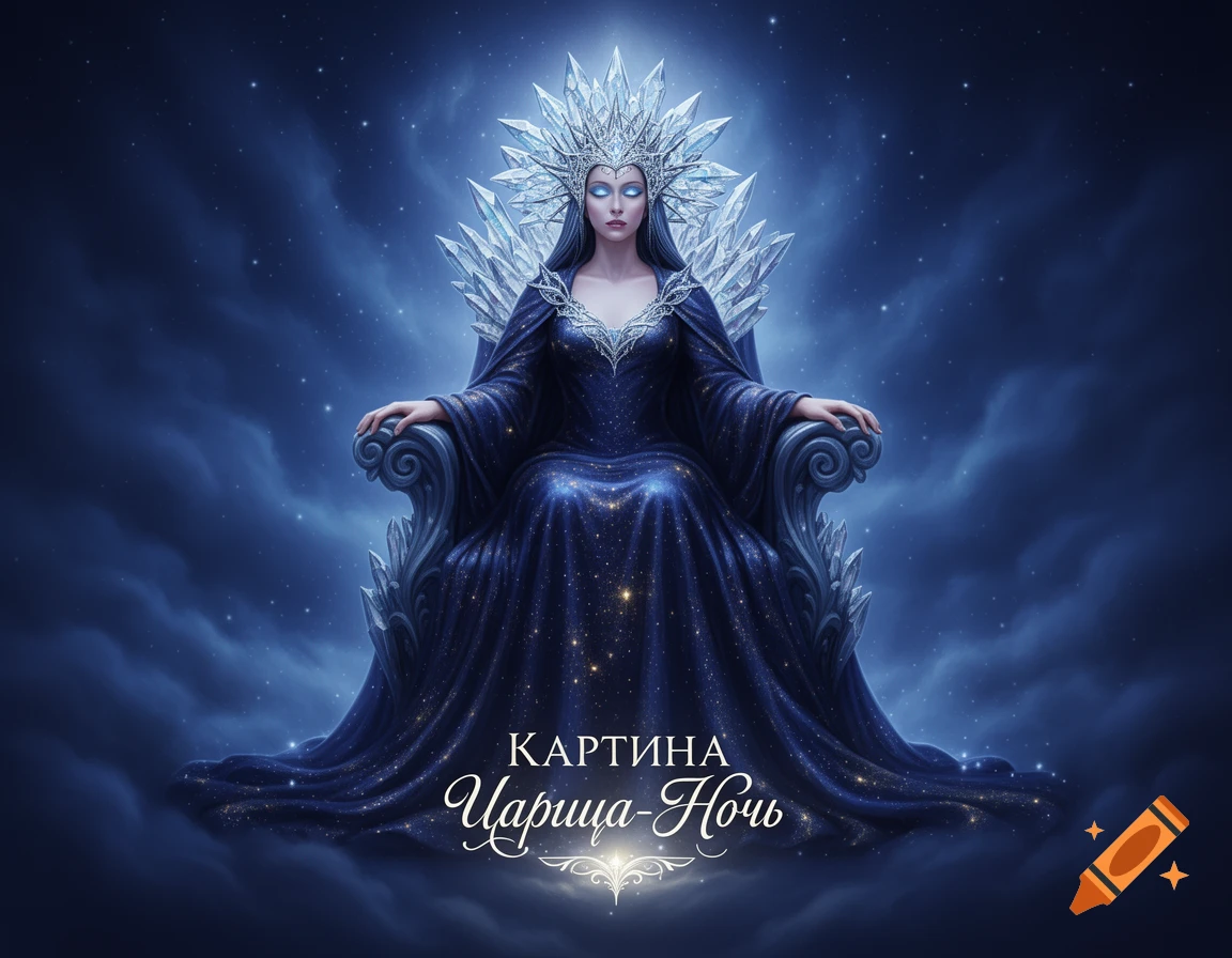 Majestic ice queen with glowing eyes, wearing a starry blue gown and ice crown, seated on an ornate ice throne against a dark, starry night sky.