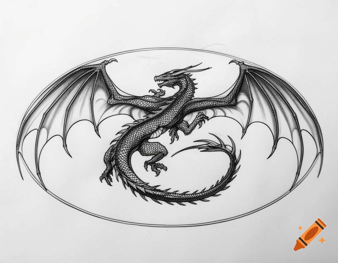 Black and white artistic drawing of a winged dragon flying, viewed from above, within an oval border.