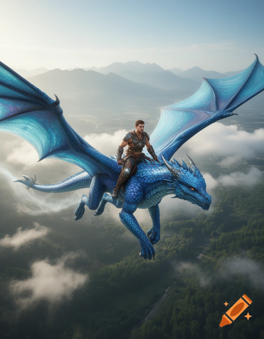 A male warrior in armor rides a large, blue-scaled dragon flying over misty mountains, photorealistic.