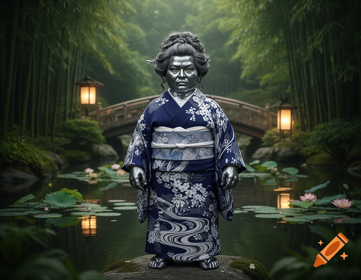 A grey-skinned dwarf woman in a navy kimono with white floral and wave patterns stands in a serene Japanese garden with bamboo, a bridge, lanterns, and a lotus pond.