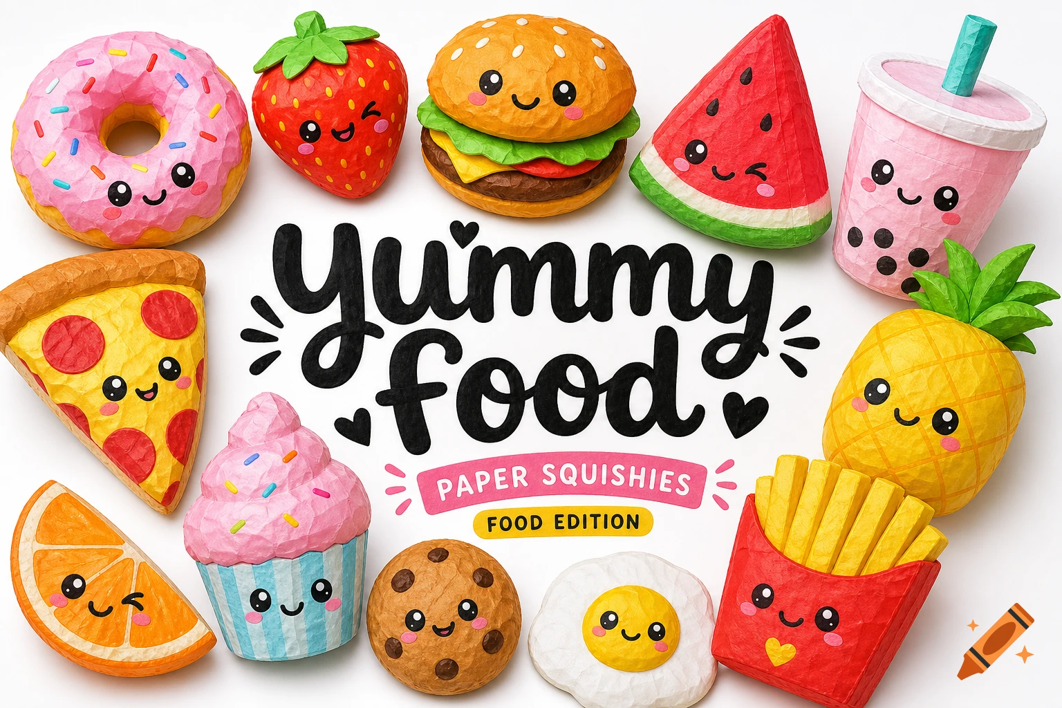 An overhead view of numerous smiling paper squishies shaped like food, including a donut, burger, pizza, and french fries, with "yummy food" text.