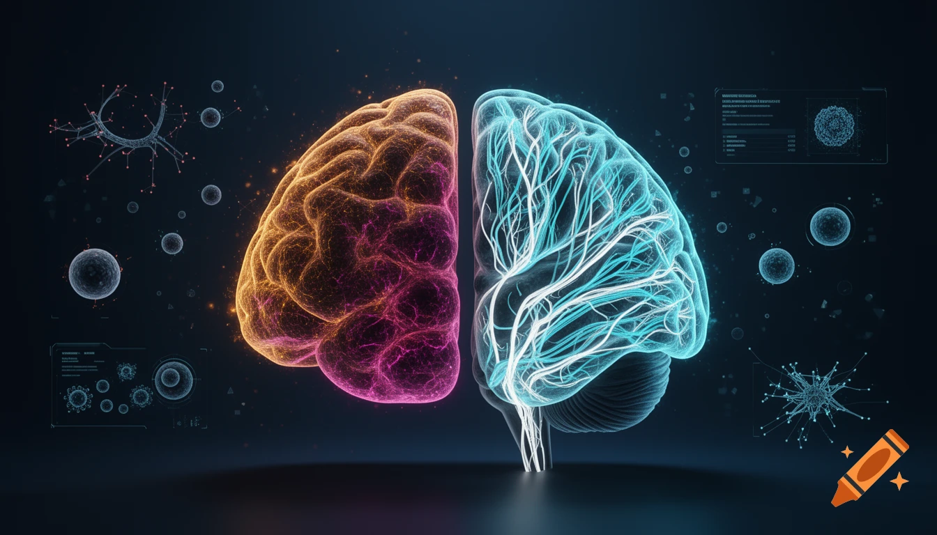 3D medical graphic of a glowing human brain, one hemisphere amber/magenta, the other cyan/white, with microscopic elements.