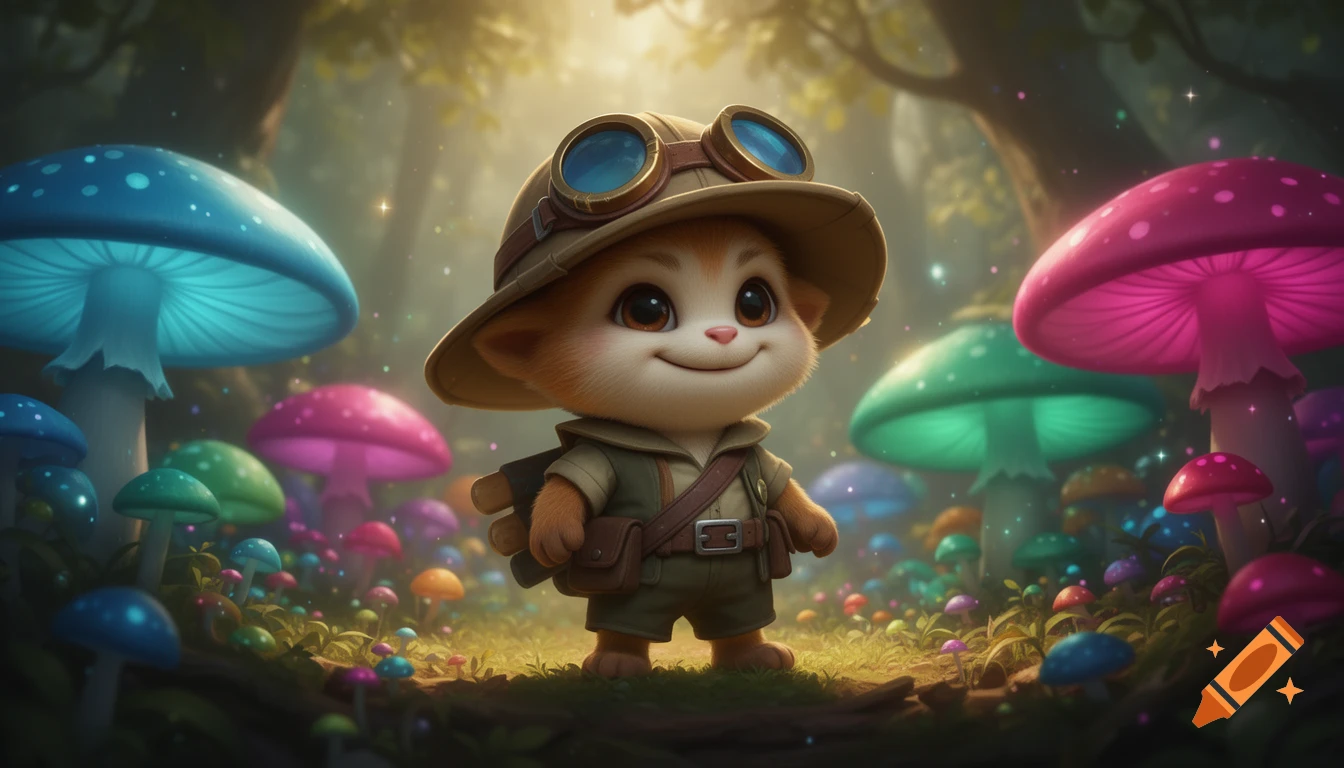 A cute, furry explorer in a hat and goggles smiles in a magical forest filled with glowing, colorful mushrooms.