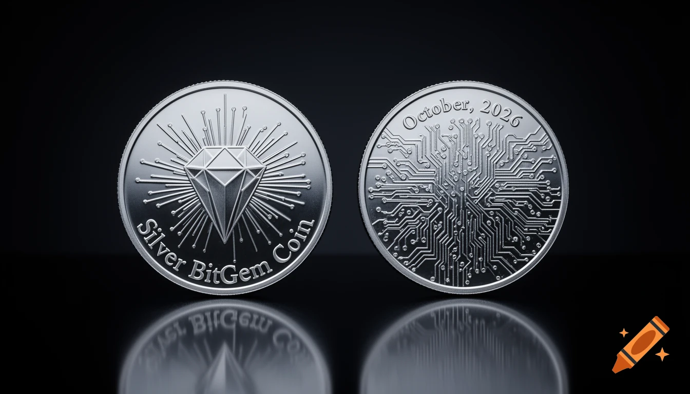 Two shiny silver coins, front and back, reflecting on a dark surface. One features a diamond and 'Silver BitGem Coin', the other 'October, 2026' and circuit board pattern.