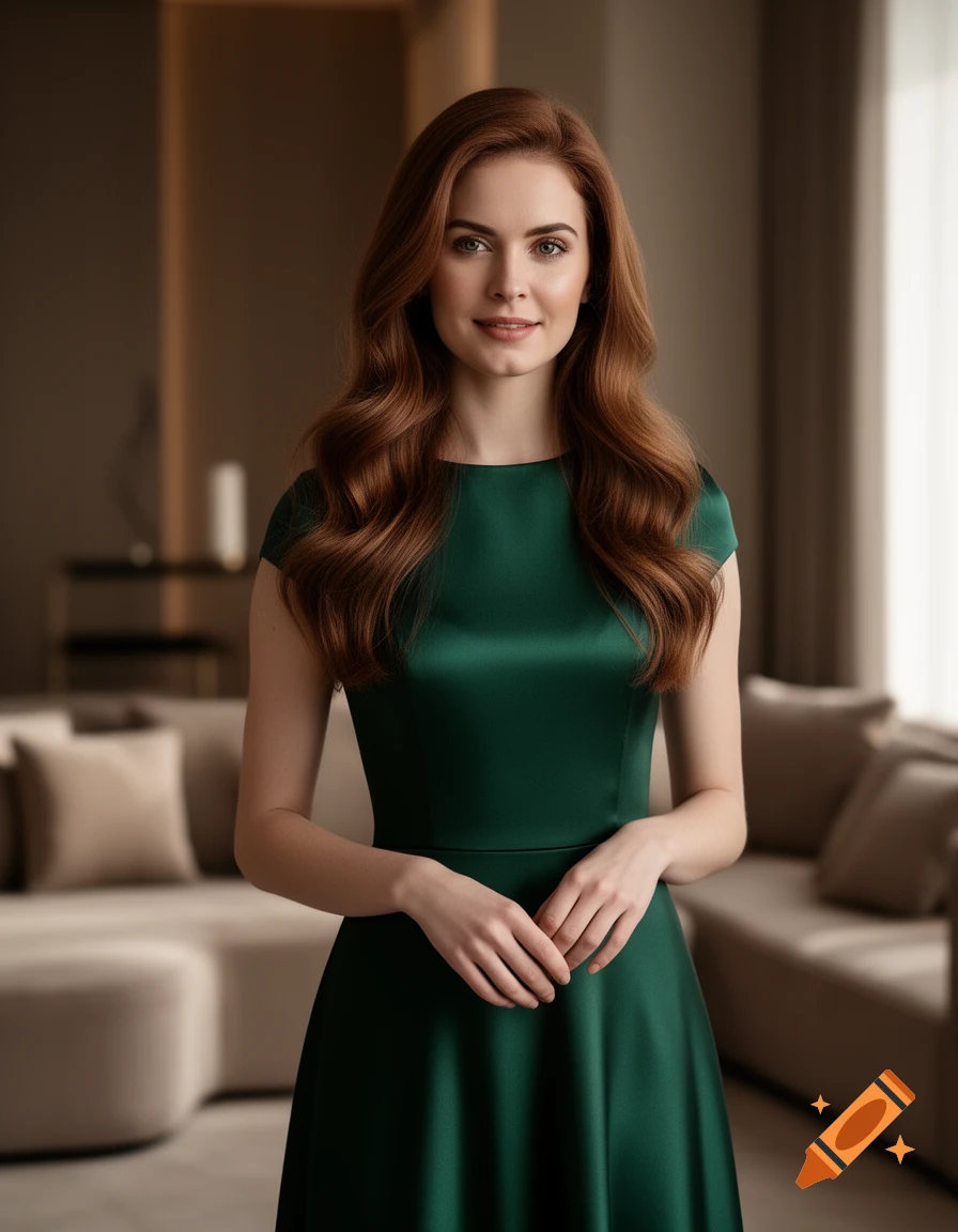 A photorealistic portrait of a woman with long wavy red hair, wearing an emerald green dress, standing in a blurred modern living room.
