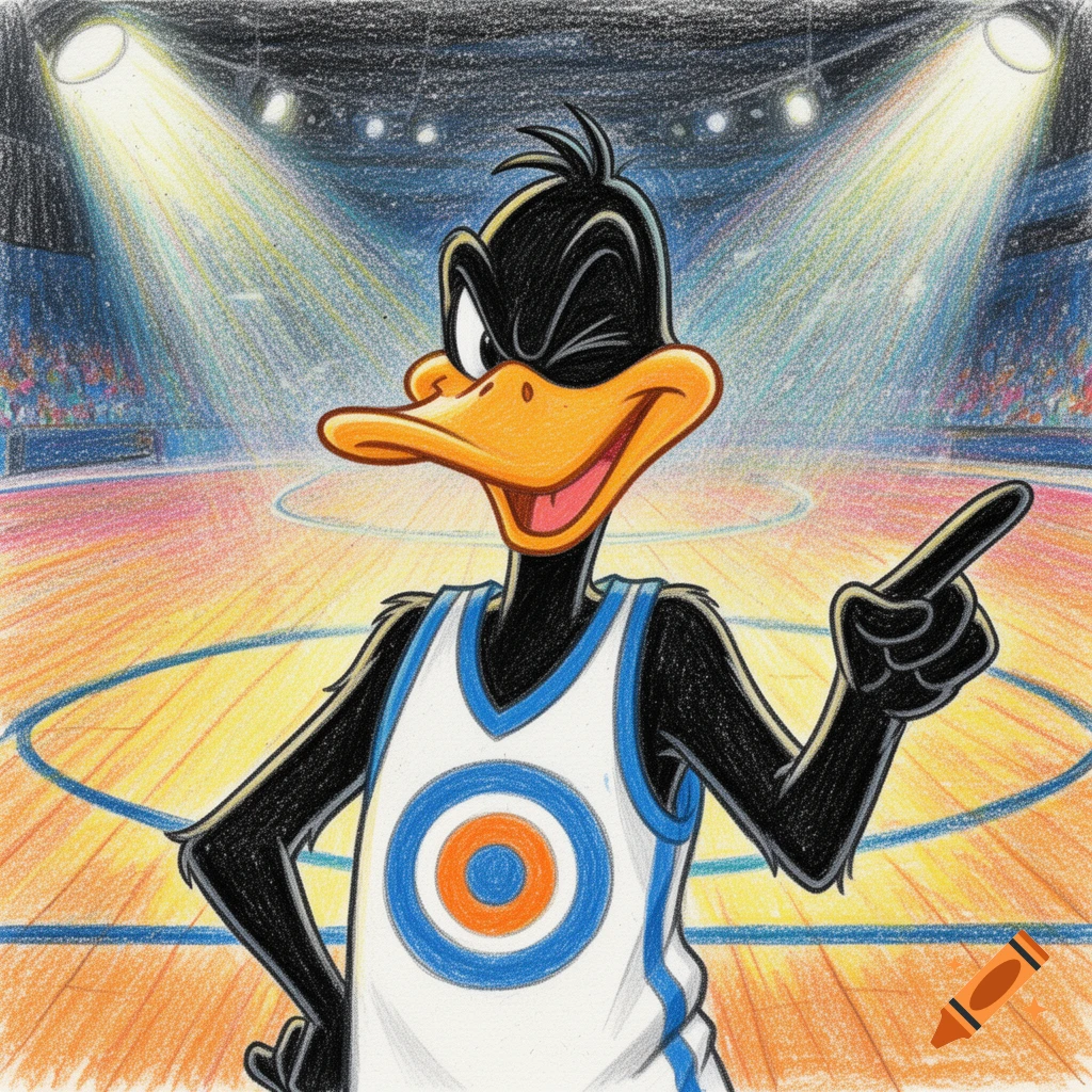 Daffy Duck in a white Tune Squad jersey winks and points on a vibrant basketball court, in a crayon drawing style.