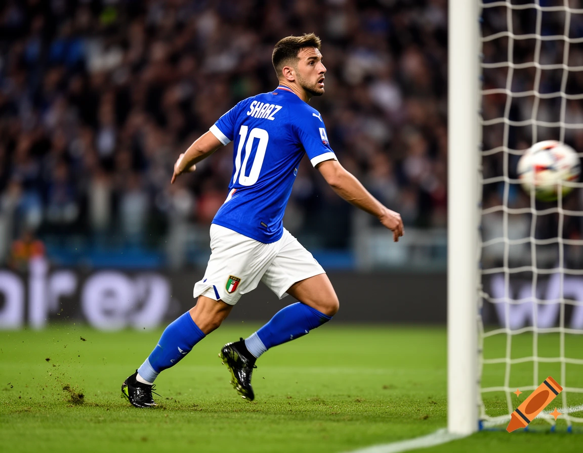 A photorealistic image of an Italian soccer player in a blue jersey with 'SHAAZ 10' on the back, running near a goal.