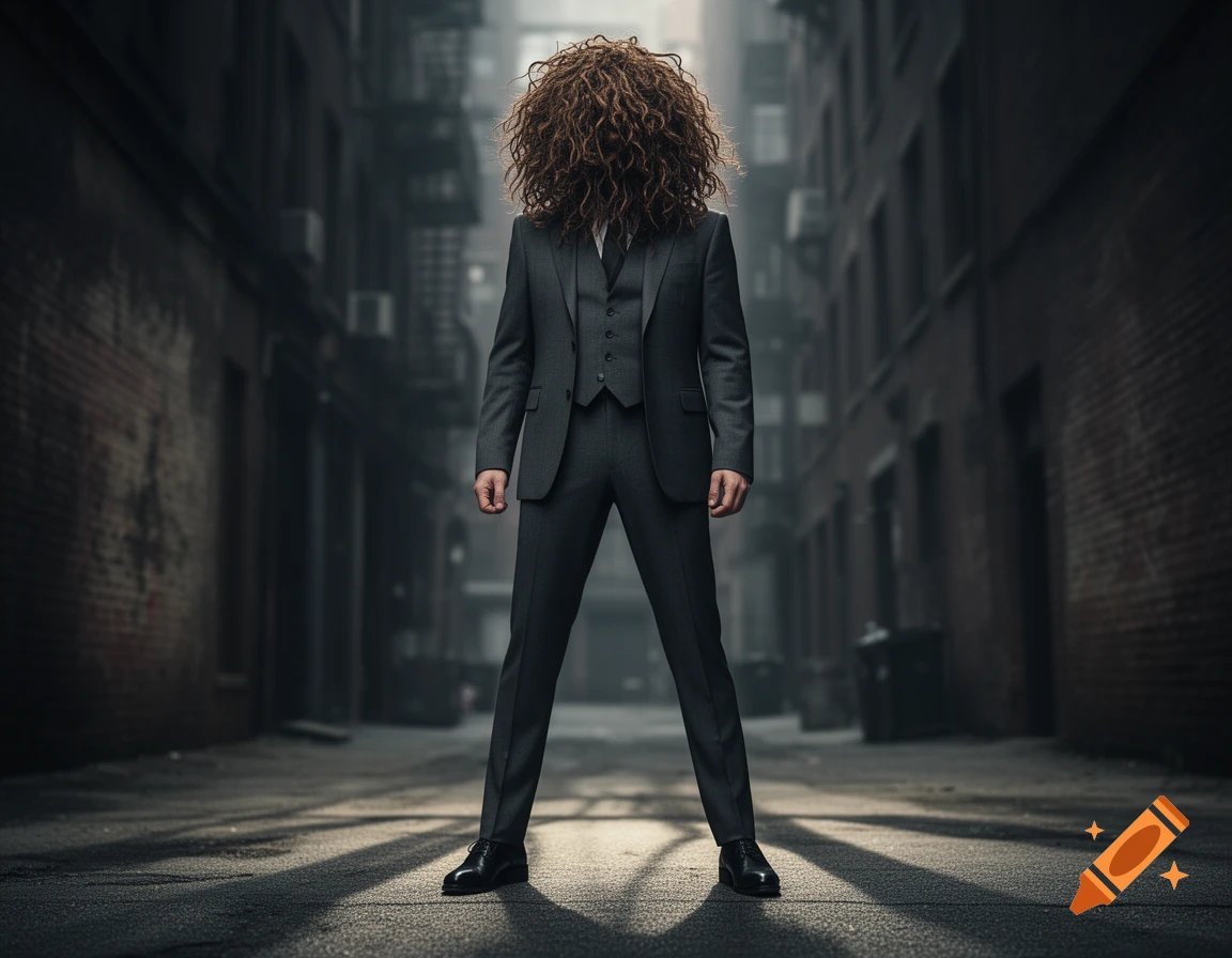 A person in a dark suit with long, curly, matted hair covering their face stands in a shadowy urban alleyway.