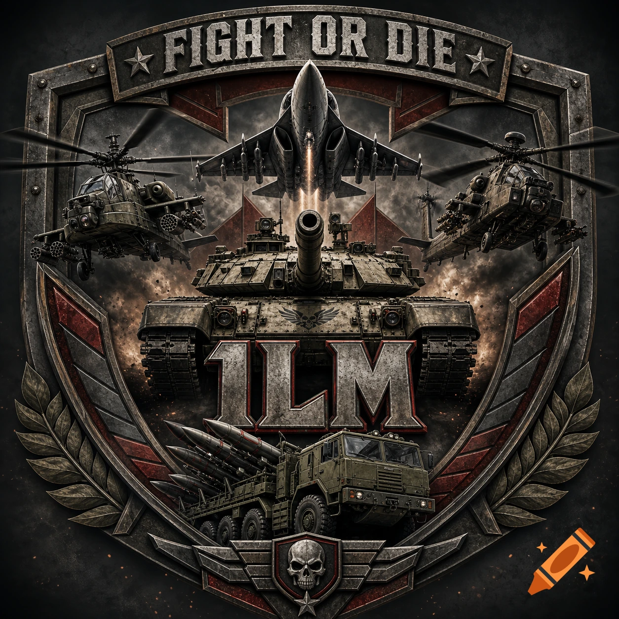 Gritty military emblem with a tank, jet, helicopters, and missile launcher. Text: 'FIGHT OR DIE' and '1LM'.