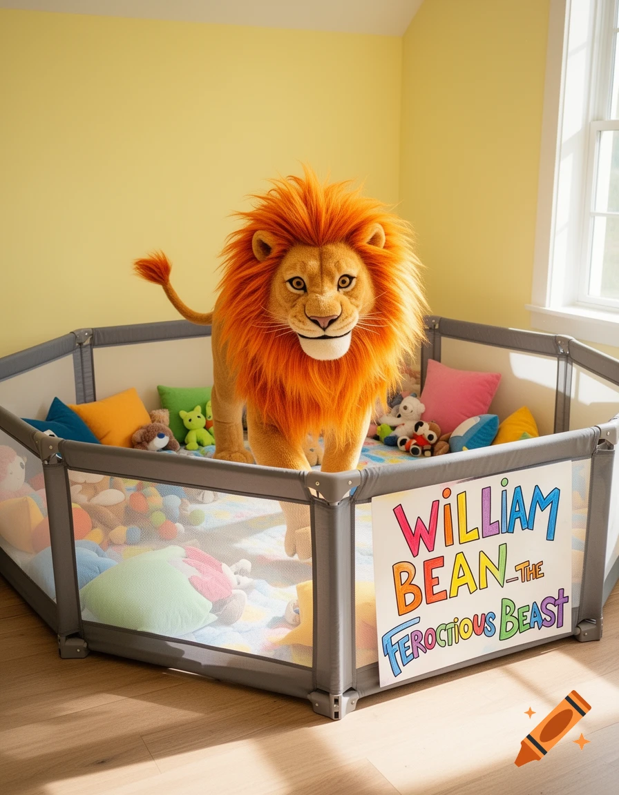 A photorealistic lion with an orange mane stands inside a gray playpen filled with colorful toys in a bright room.