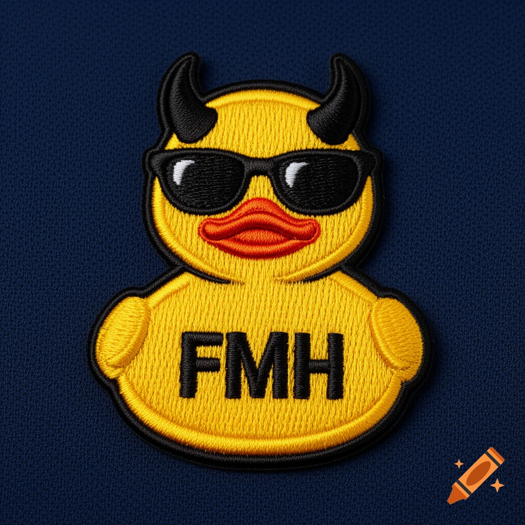 Close-up of a yellow embroidered patch of a devil rubber duck with black horns, sunglasses, and 'FMH' on its chest, on a dark blue fabric.