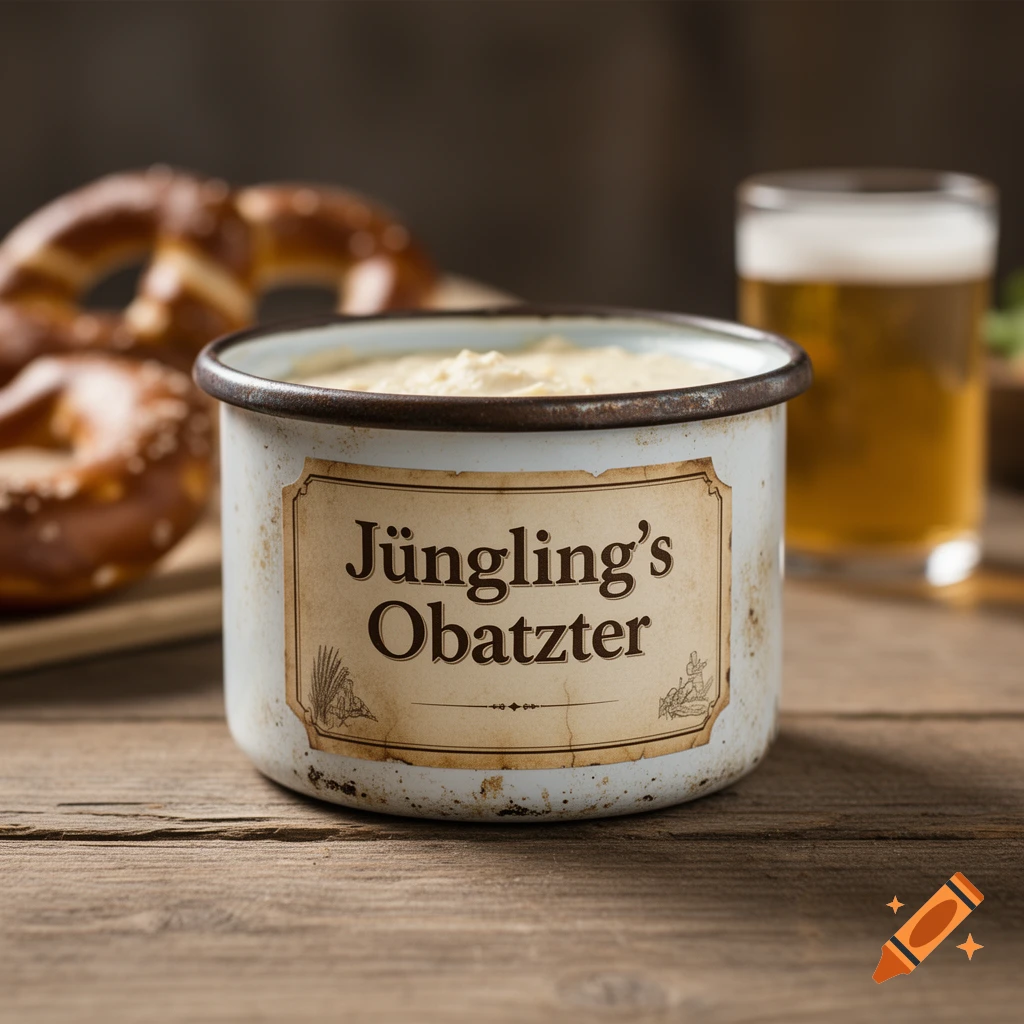 A photorealistic still life of a white enamel pot labeled 'Jüngling's Obatzter' on a rustic wooden table, with blurred pretzels and beer in the background.