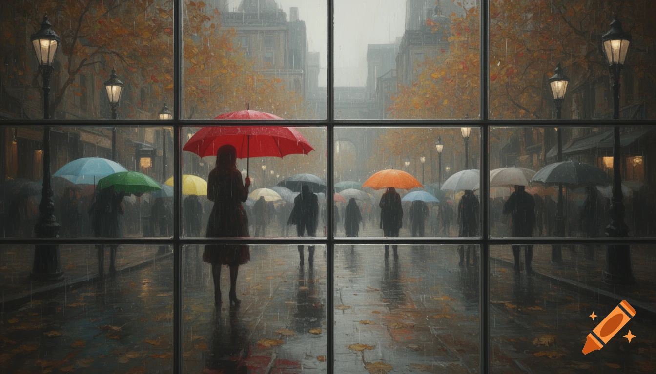 An oil painting of a rainy autumn city street with people holding colorful umbrellas, seen through a window pane.