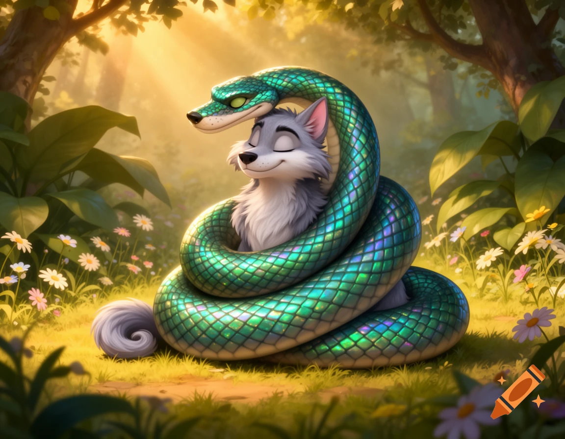 A happy anthropomorphic grey wolf is lovingly embraced by a shimmering green python in a sunlit forest, in Disney animation style.